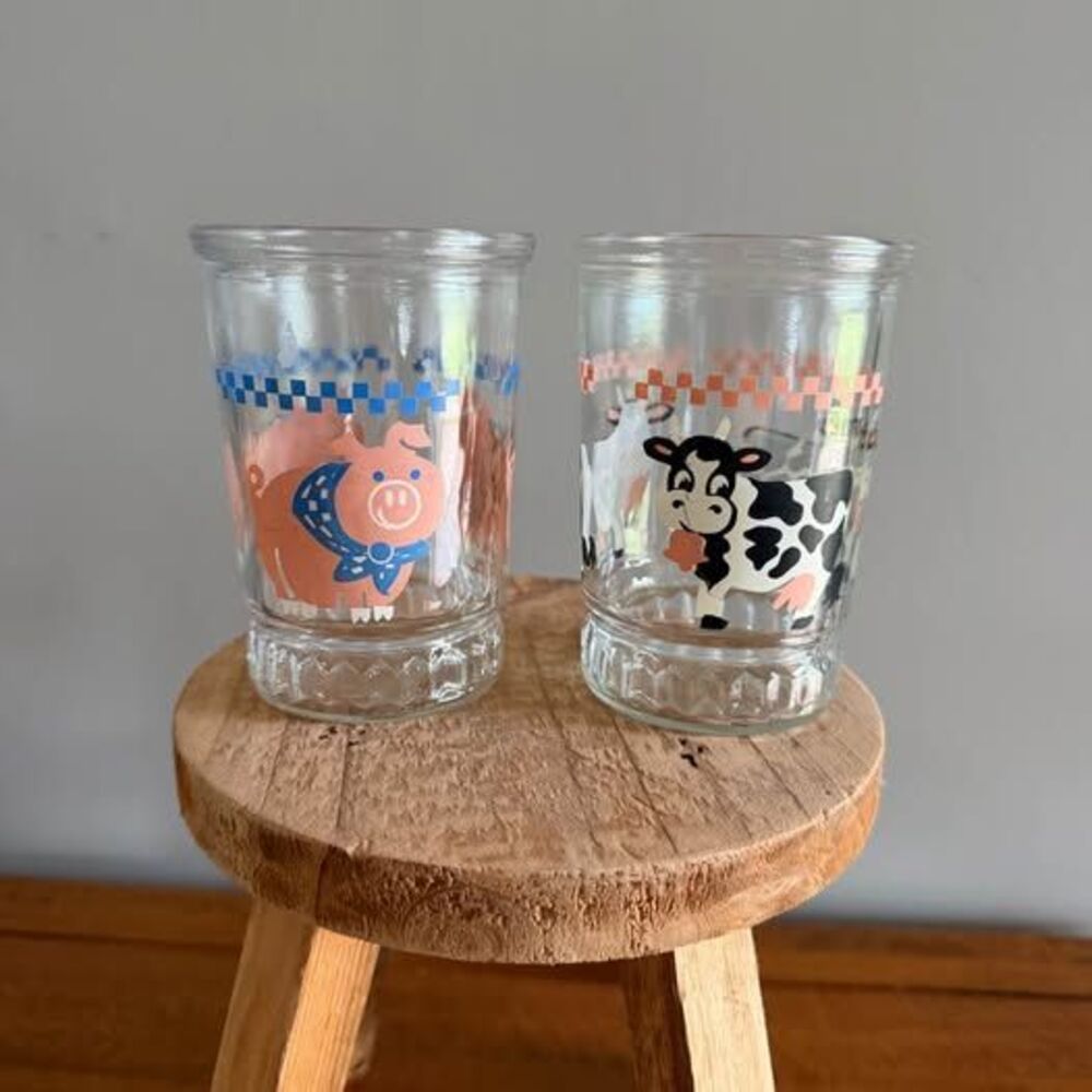 Vintage Bama Jelly Jar Juice Glasses - pig and cow, Set of 2